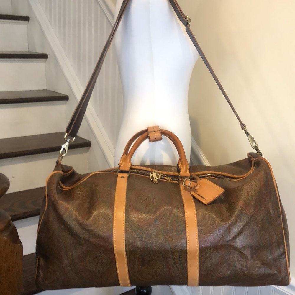 ETRO MILANO Paisley Coated Canvas Vachetta Leather Boston Travel Bag 60